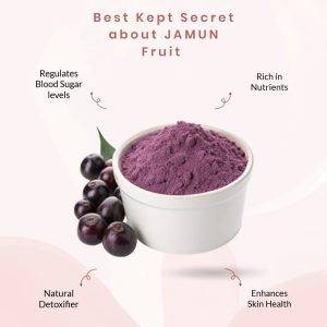 Jamun powder in ceramic bowl with fresh Jamun fruit