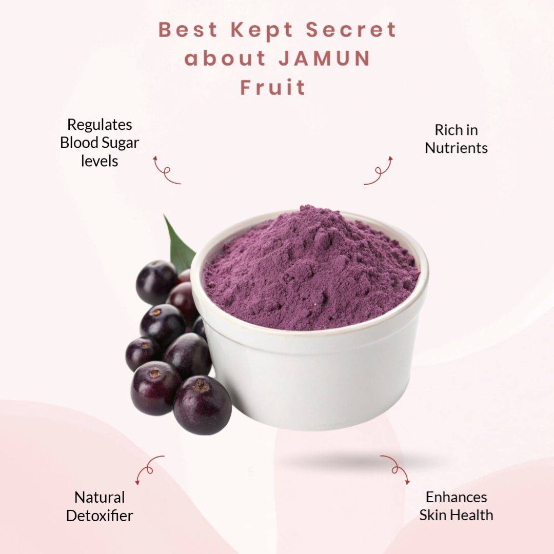 Jamun powder in ceramic bowl with fresh Jamun fruit
