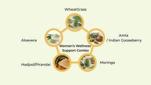 Womens Wellness Support featuring Hadjob, Amla, Moringa, Wheatgrass and Aloevera